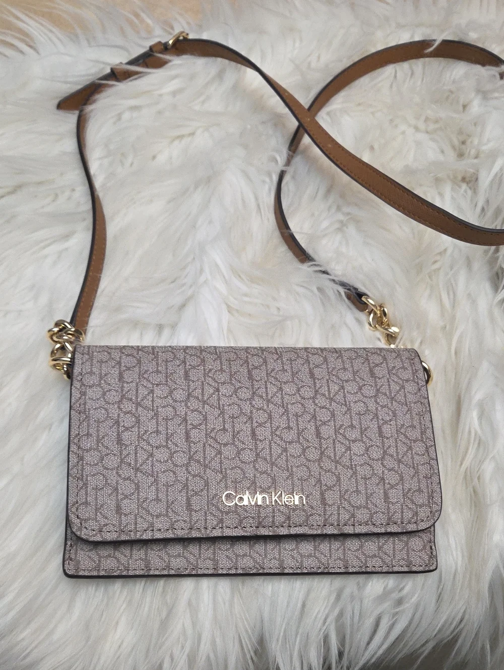 Calvin Klein Taupe Monogram Crossbody with Gold Accents